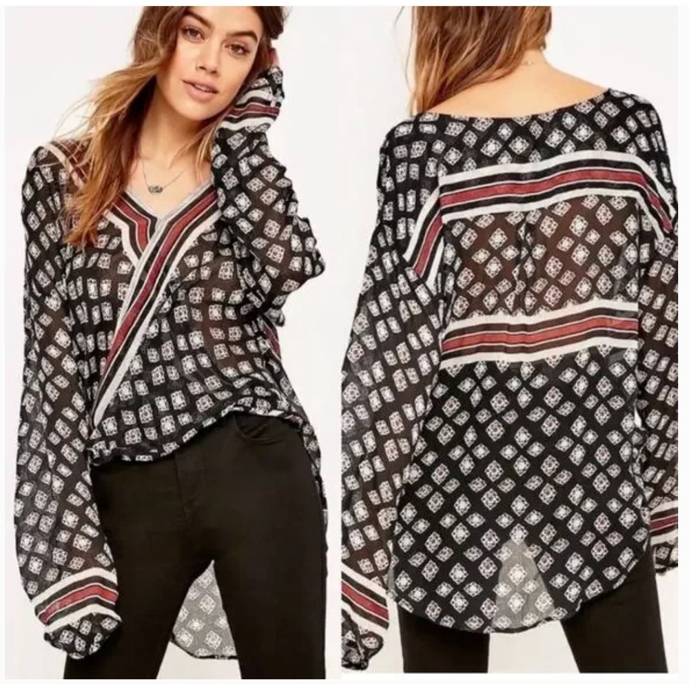 Free People Blouse Women XS Black Before Dawn Geometric‎ Sheer Boho OB480957